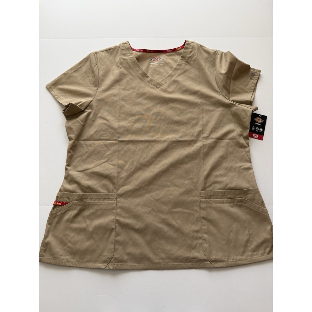 Dickies Women 2XL Scrub Shirt Tan V-Neck Medical Uniform Top Nurse Pockets NWT